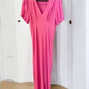 A New Day Maxi-Dress, Size M, Hot Pink, V-Neck, Puff Sleeves, Fitted Bod…